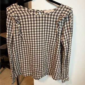 LOFT Black and White Plaid Women's Flannel Top with Ruffle details 100% Cotton